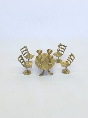 VINTAGE Miniature Dollhouse Brass Set Table Chairs Tea Goblet India Embossed 9PC